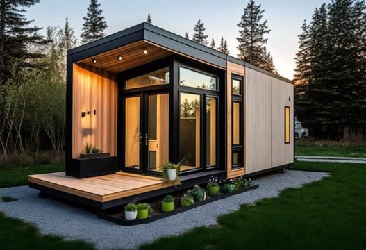 Module EcoHouse écologique de 32 à 40m² avec panneaux solaires photovoltaïques installé dans un jardin suisse